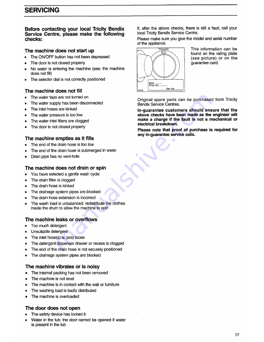 Tricity Bendix AW660 Operating And Installation Instructions Download Page 17