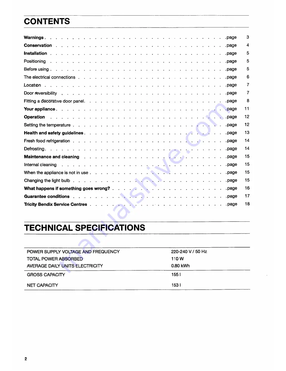 Tricity Bendix BL602W Operating And Installation Instructions Download Page 2