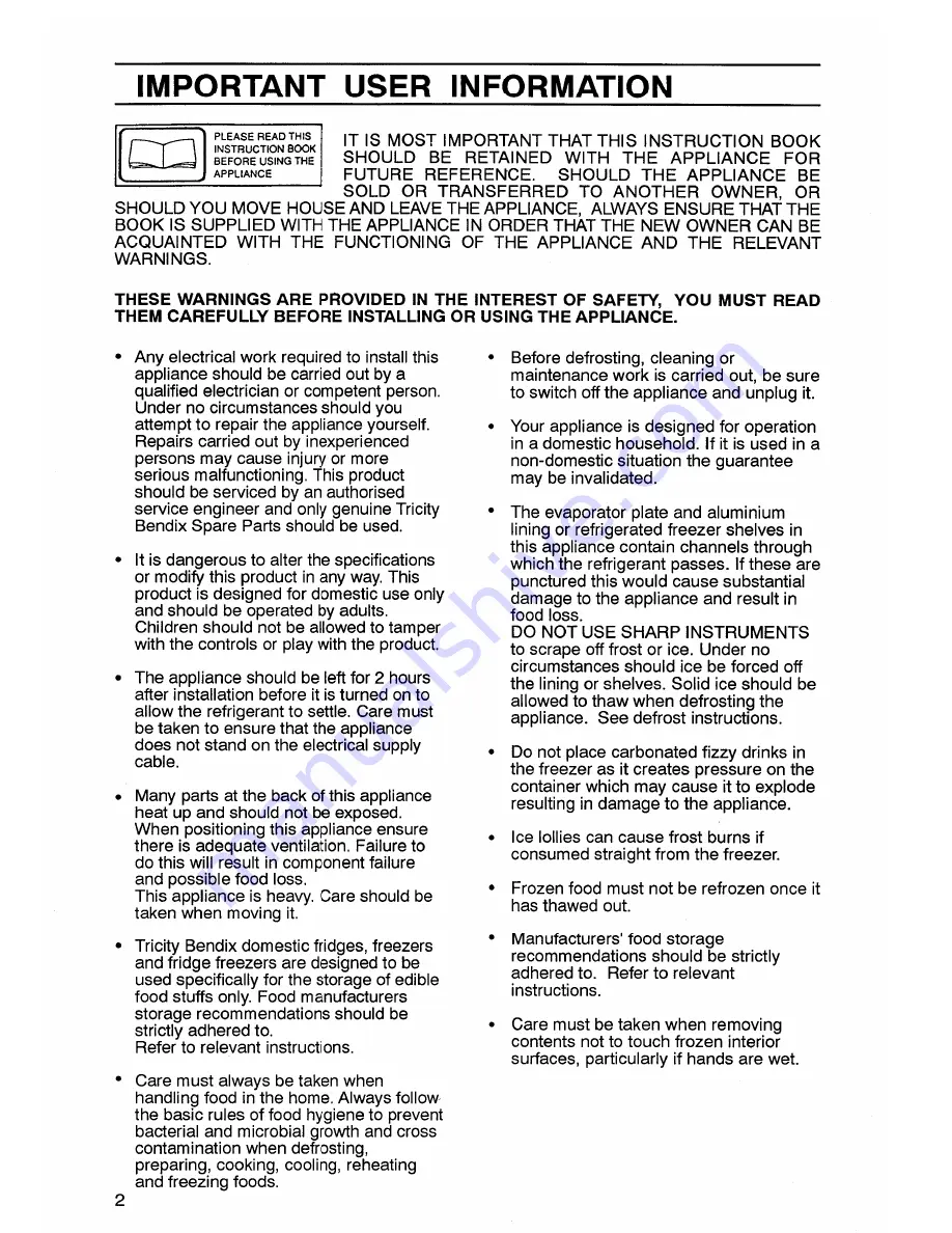 Tricity Bendix BR591W Operating And Installation Instructions Download Page 2