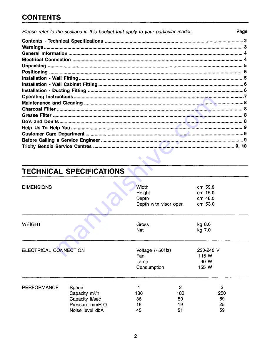 Tricity Bendix CH 605 Operating And Installation Instructions Download Page 2