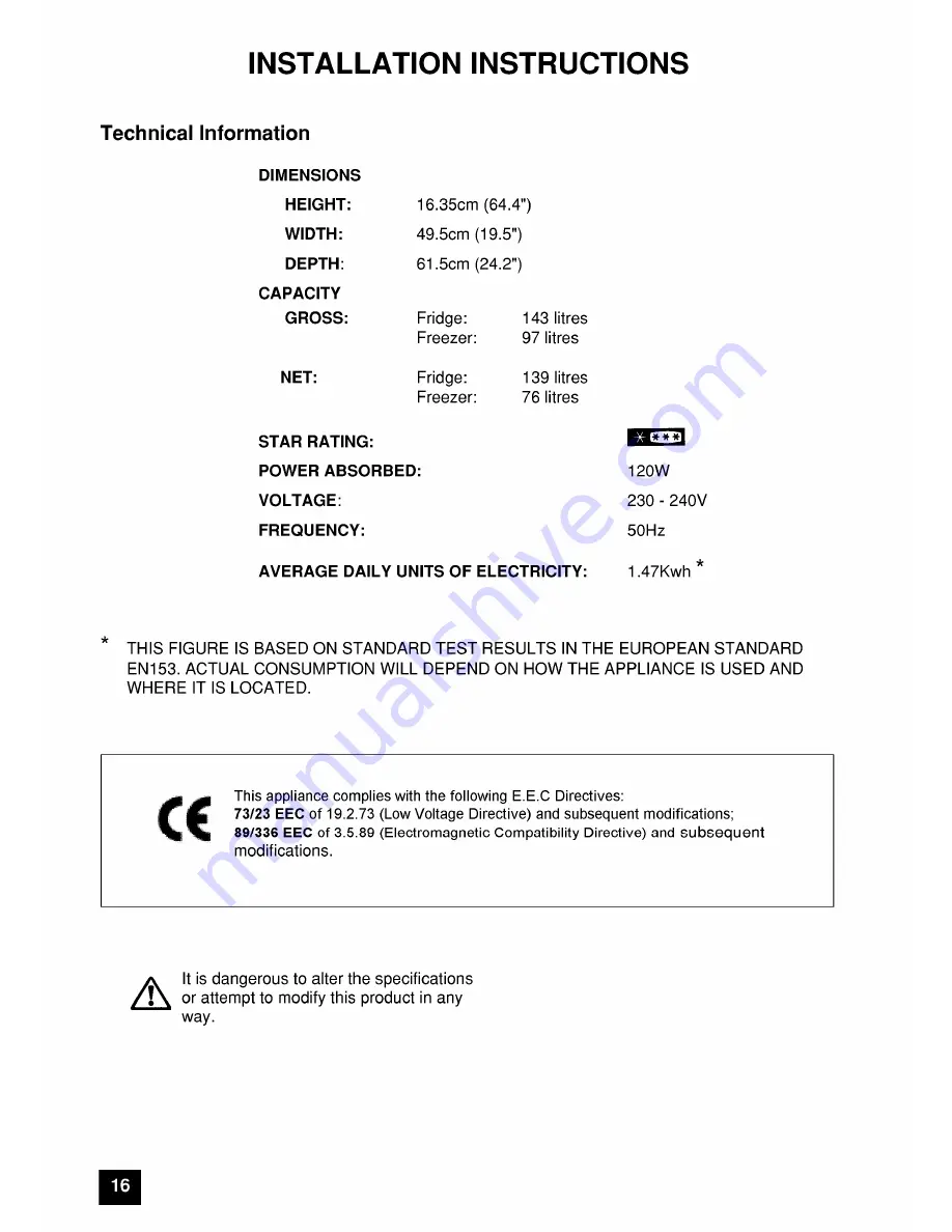 Tricity Bendix ECD936 Installation And Instruction Manual Download Page 16