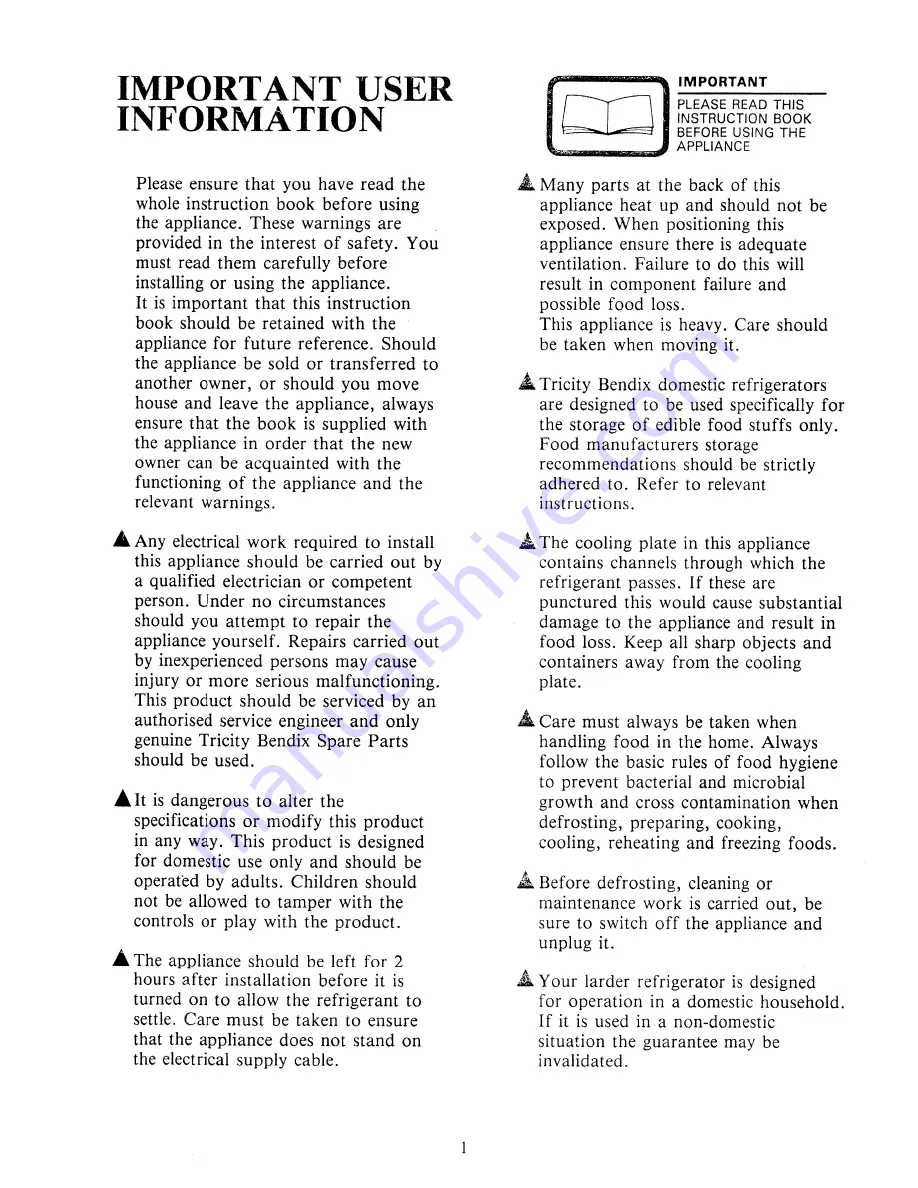 Tricity Bendix Larder Refrigerators Operating And Installation Manual Download Page 2