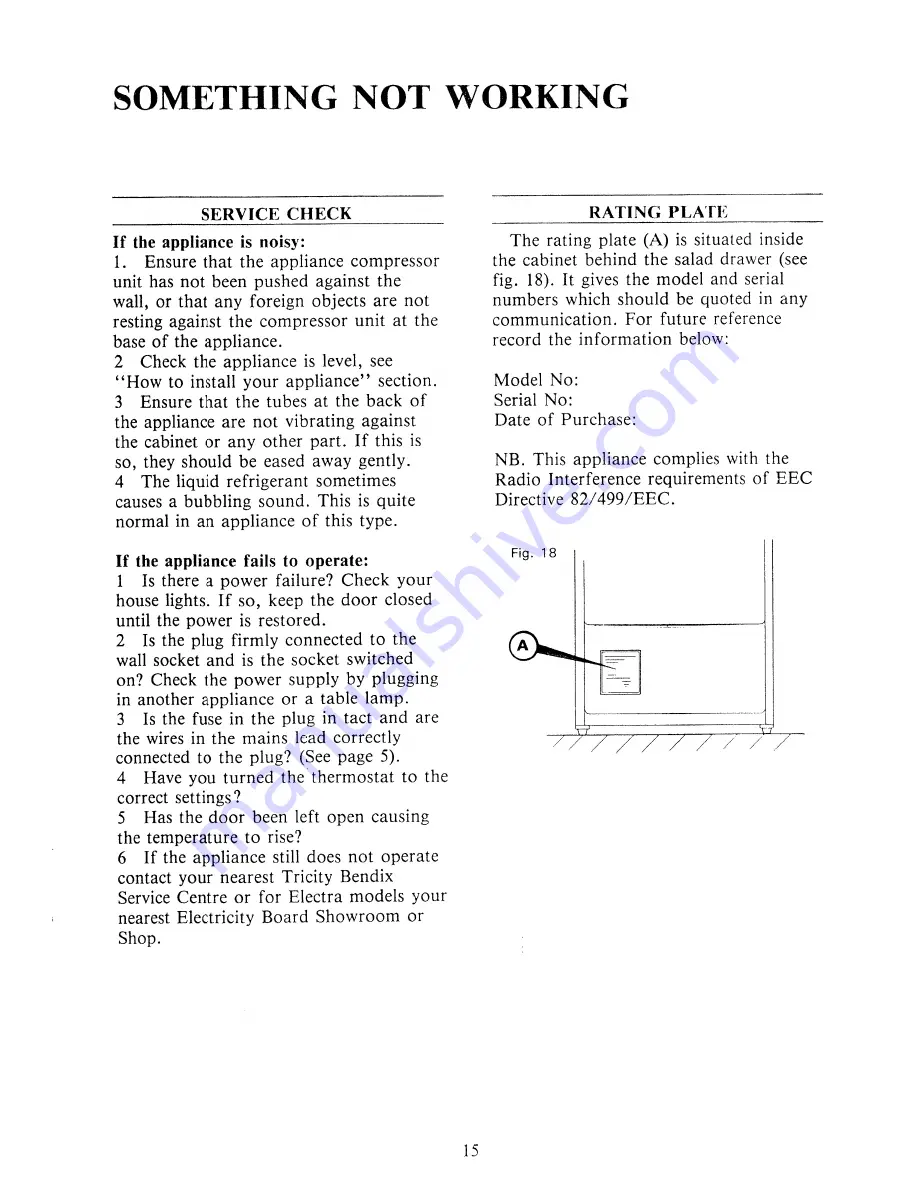 Tricity Bendix Larder Refrigerators Operating And Installation Manual Download Page 16