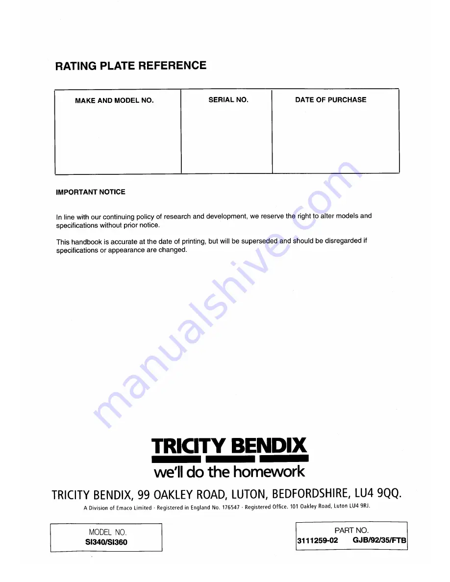 Tricity Bendix SI340 Operating And Installation Instructions Download Page 40