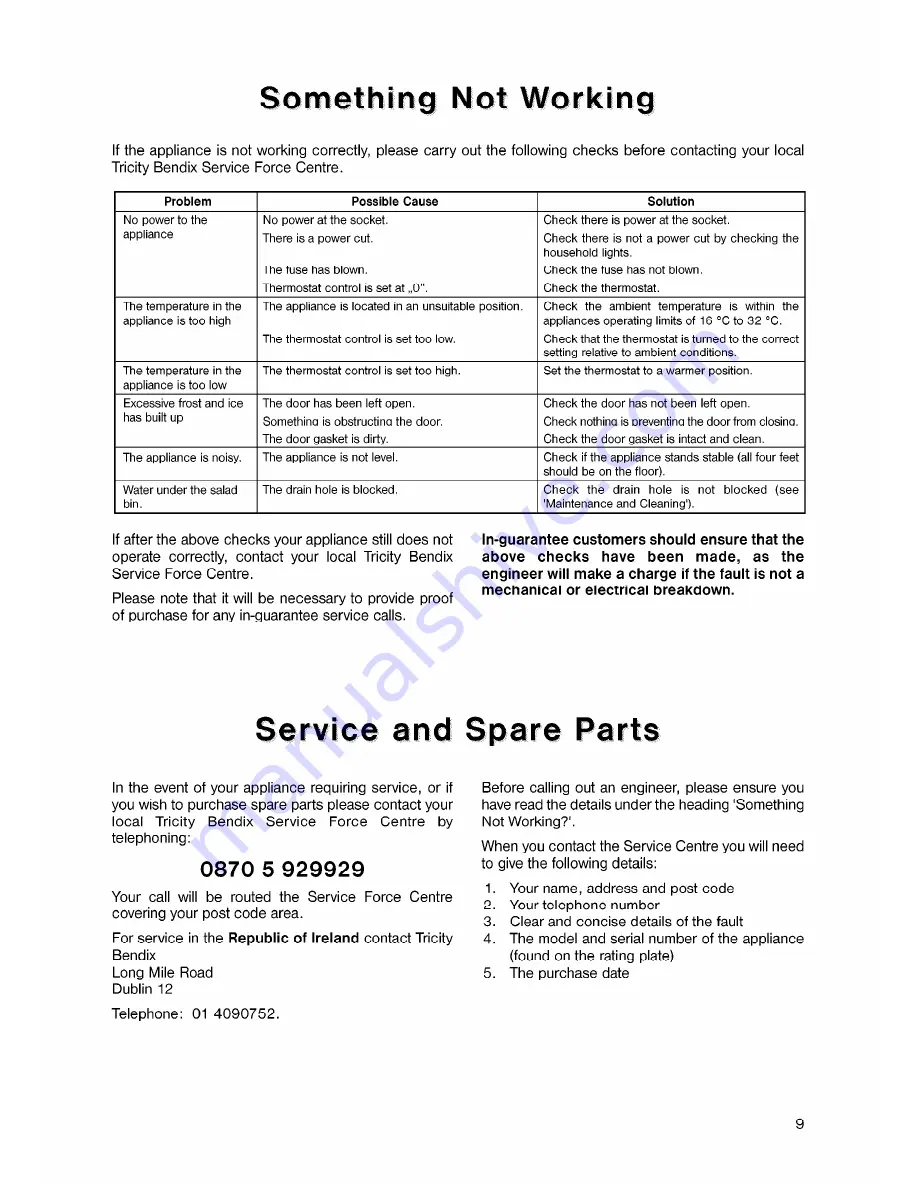 Tricity Bendix TB 57 L Operating & Installation Instructions Manual Download Page 9