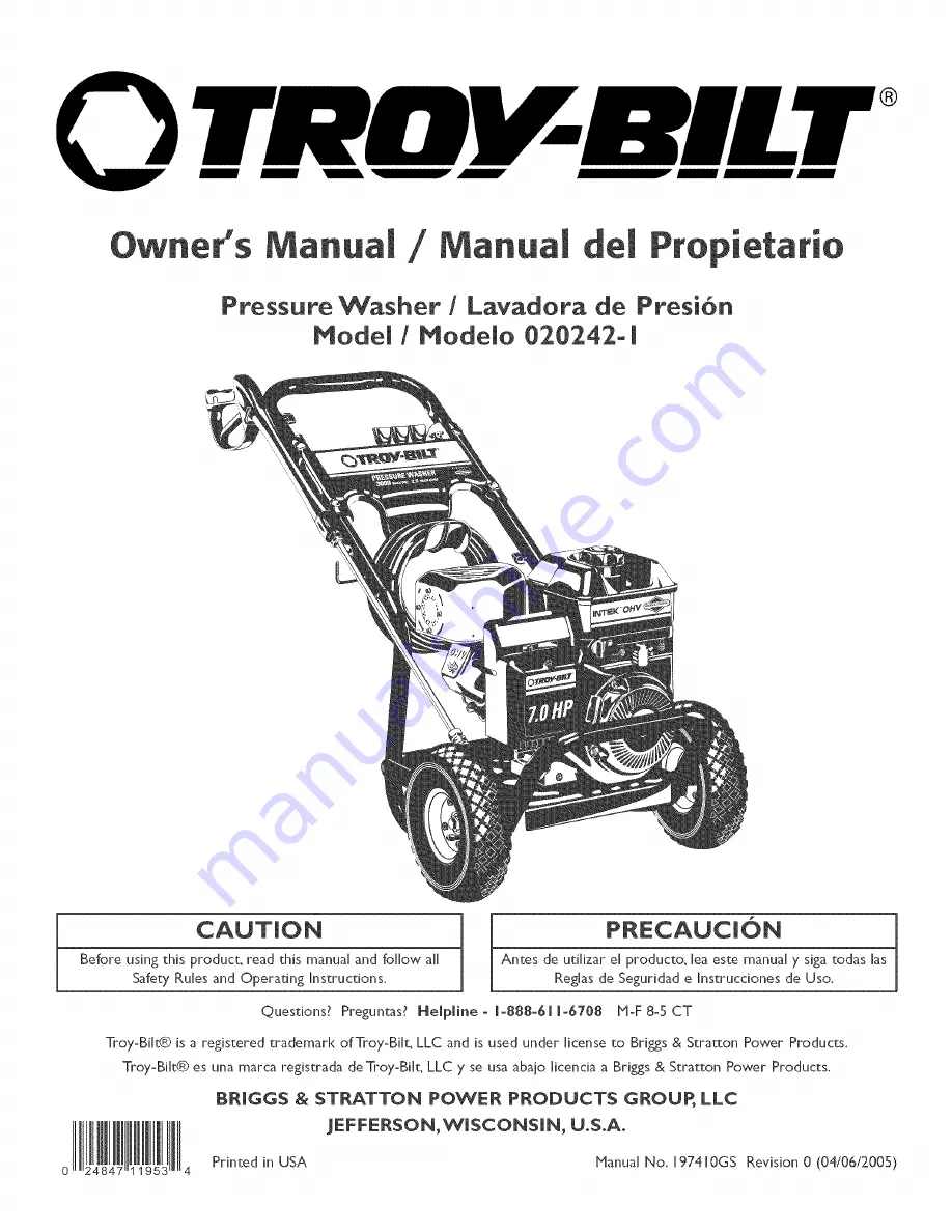 Troy-Bilt 020242-1 Owner'S Manual Download Page 1