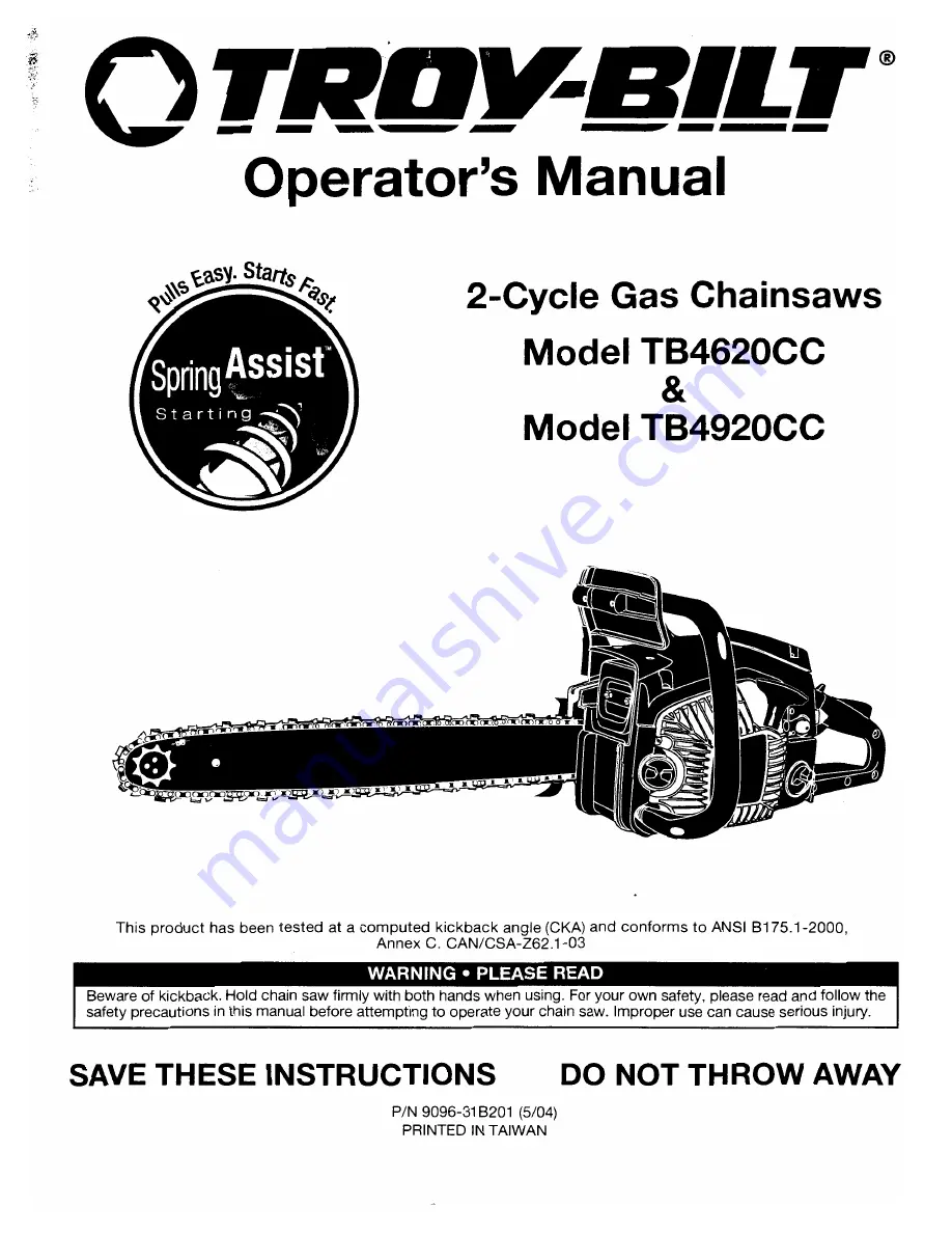 Troy-Bilt TB4620CC Operator'S Manual Download Page 1