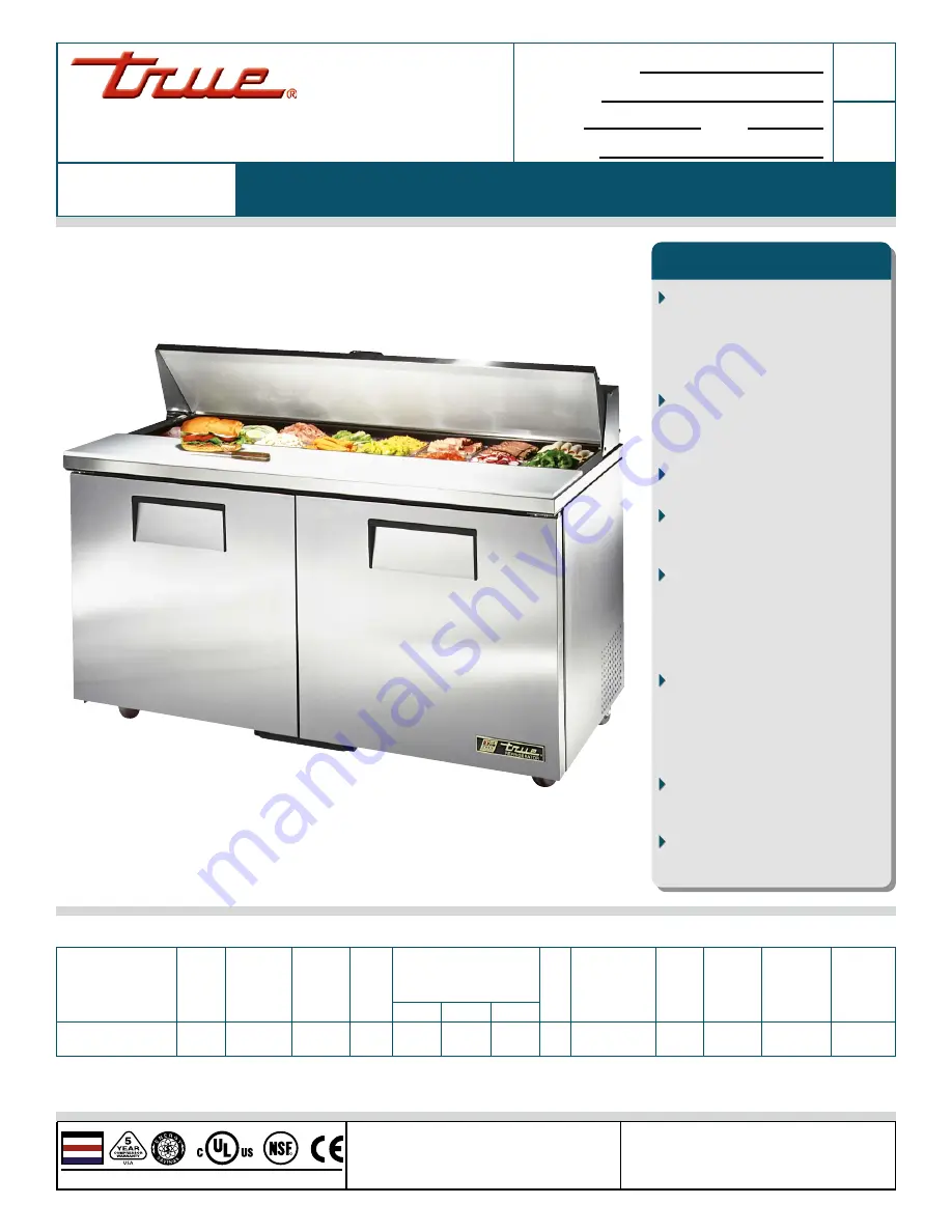 True TSSU-60-16-ADA Specification Sheet Download Page 1