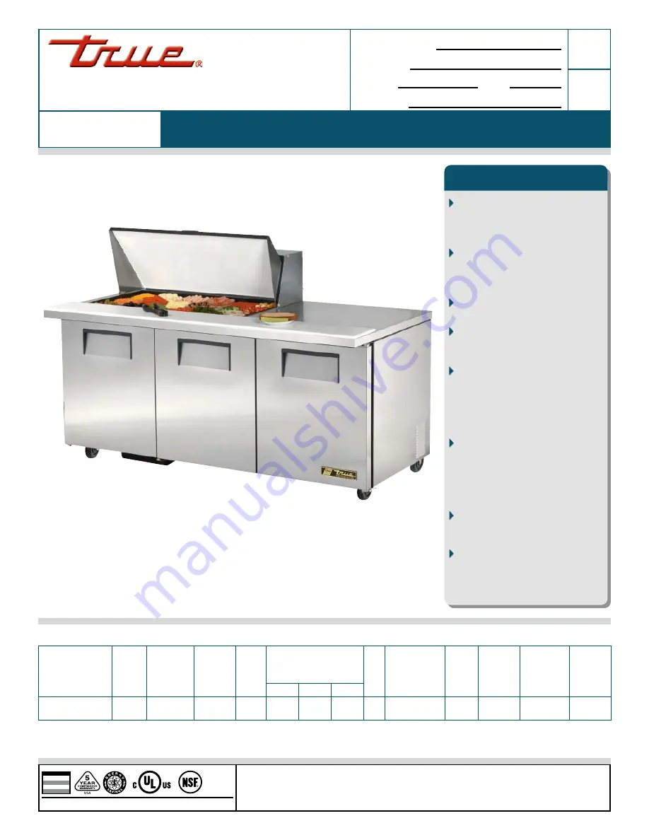 True TSSU-72-18M-B Specification Sheet Download Page 1