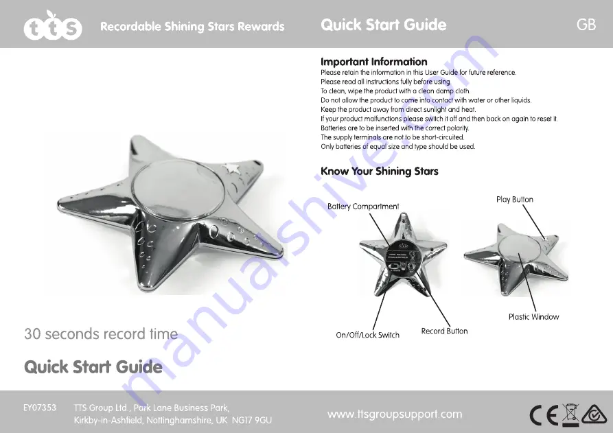 TTS Recordable Shining Stars Rewards Quick Start Manual Download Page 1