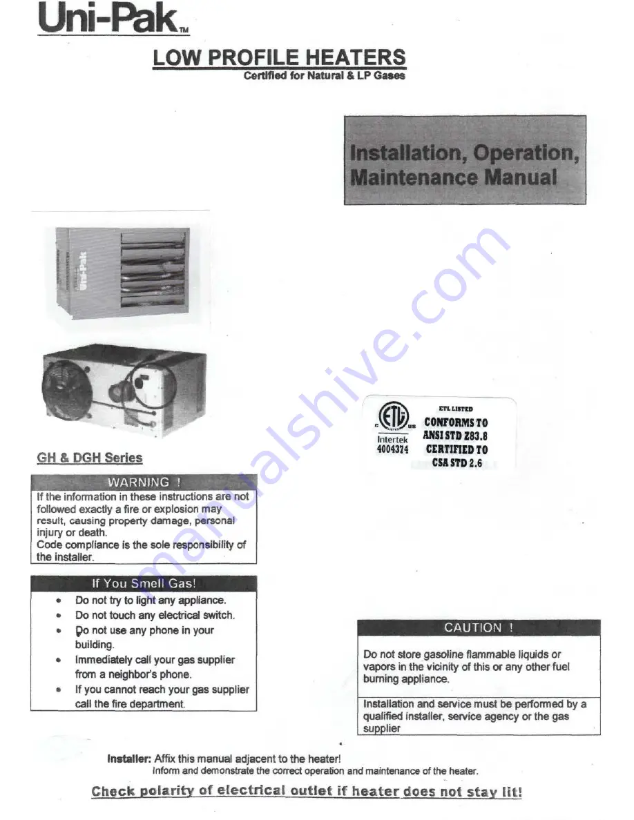 Uni-pak GH Series Installation, Operation & Maintenance Manual Download Page 1