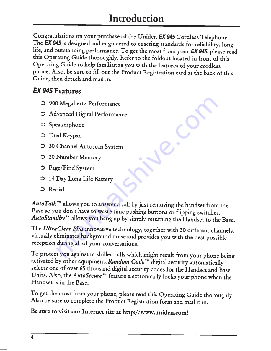 Uniden Extend-A-Phone EX945 Operating Manual Download Page 8