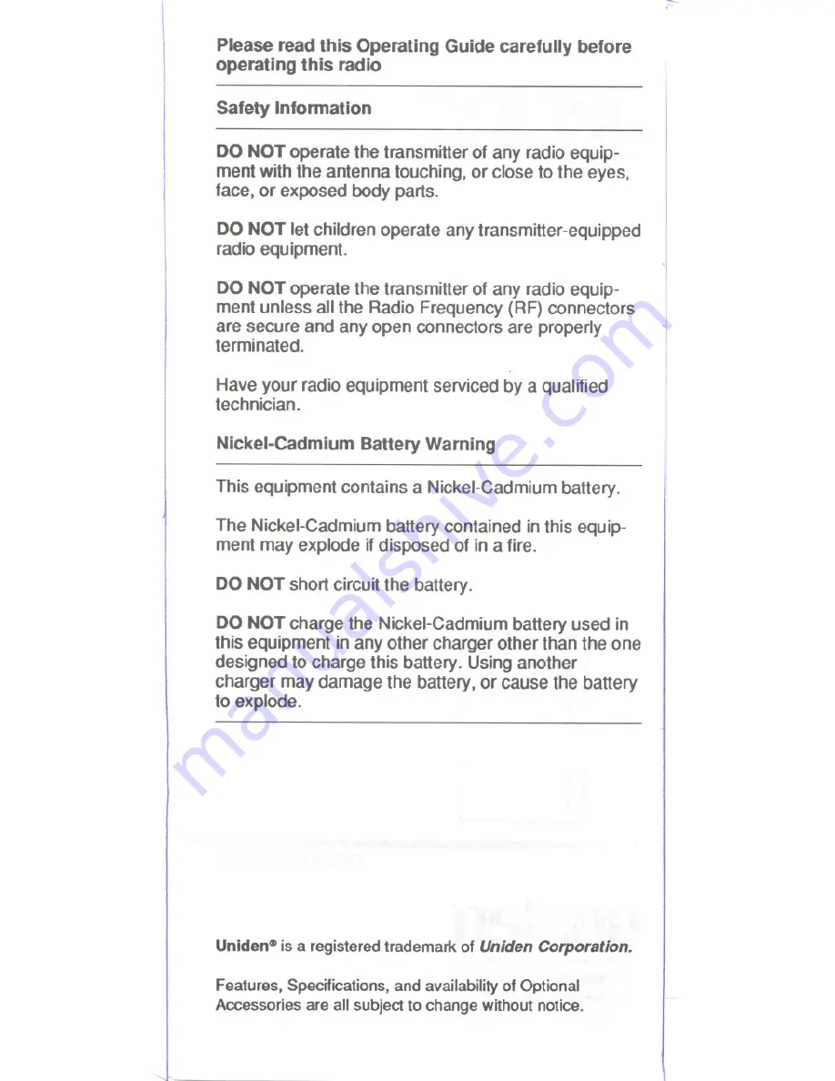 Uniden SUNDOWNER UH-057 Operating Manual Download Page 2