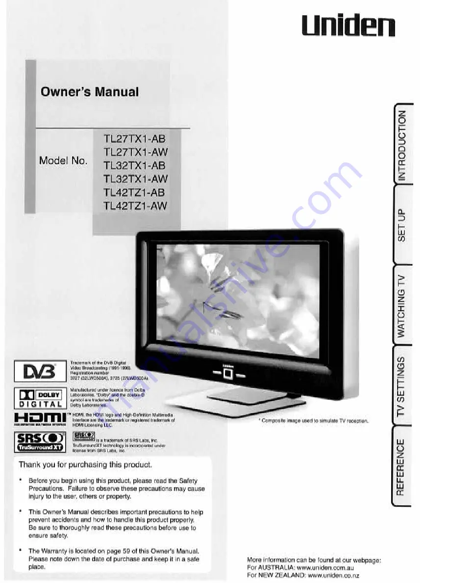 Uniden TL27TX1-AW Owner'S Manual Download Page 1