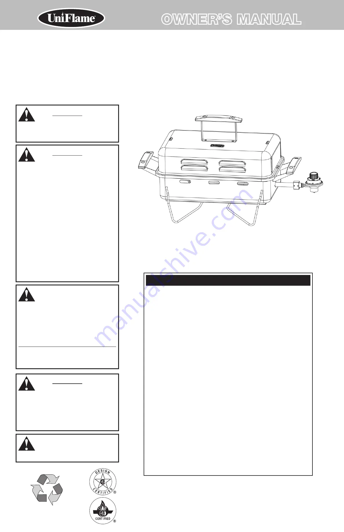 Uniflame GBT1102W-C Owner'S Manual Download Page 1