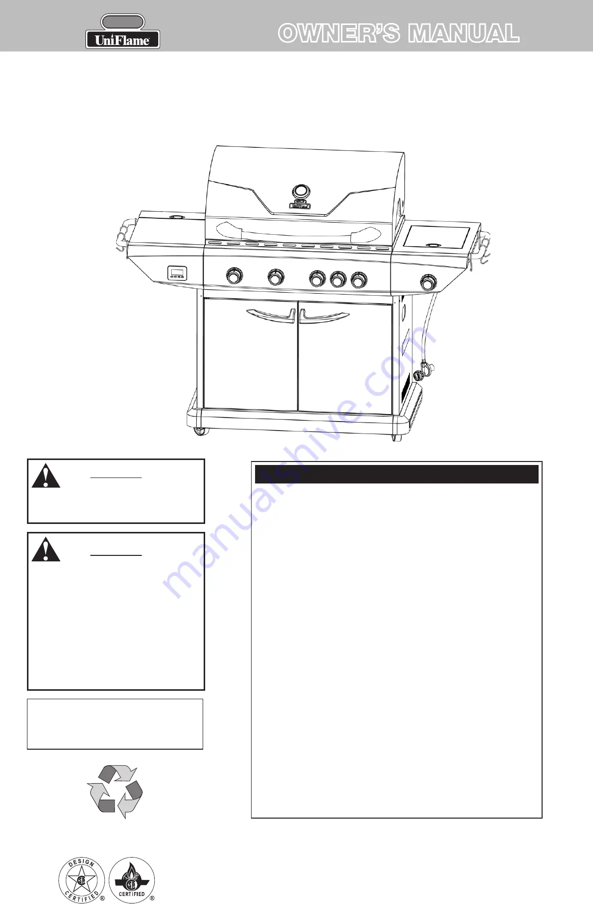 Uniflame Gold GBC873W-C Owner'S Manual Download Page 1