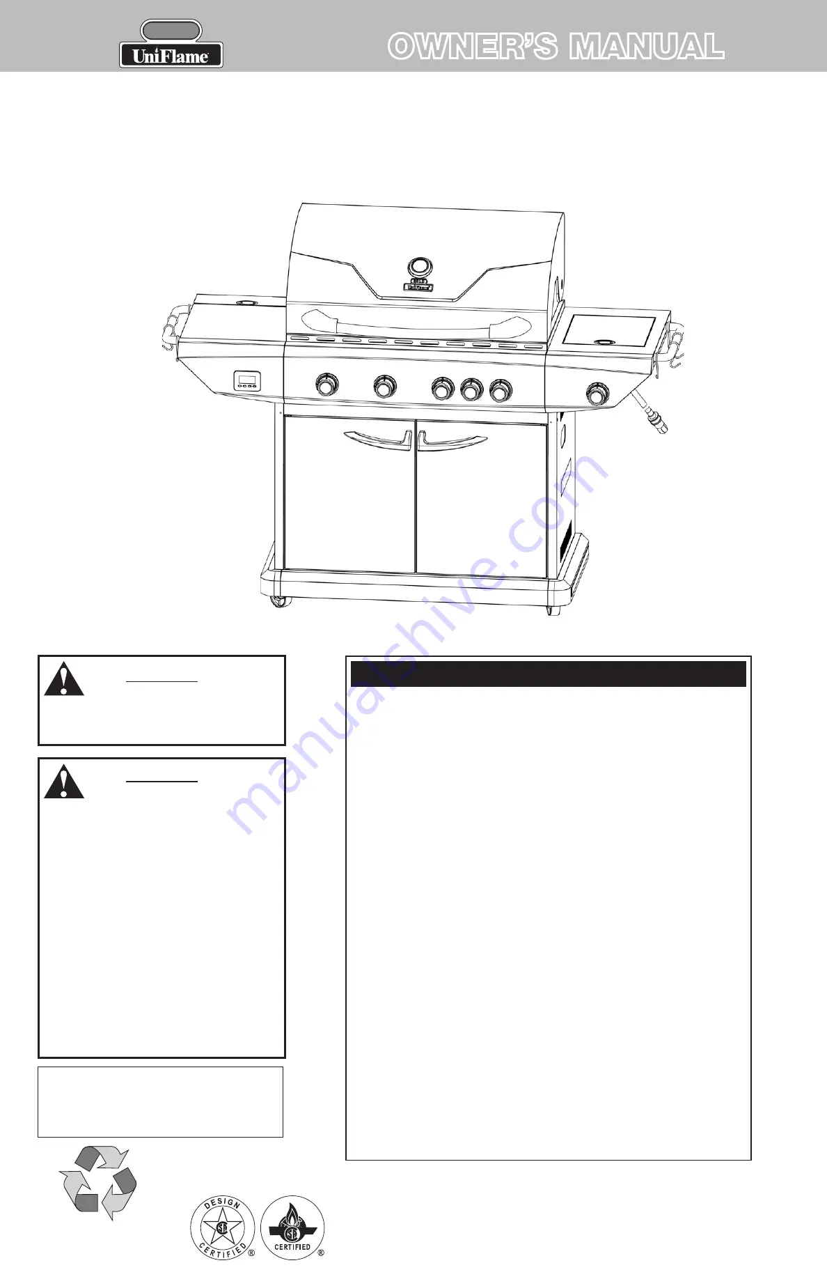 Uniflame GOLD GBC873WNG-C Owner'S Manual Download Page 1