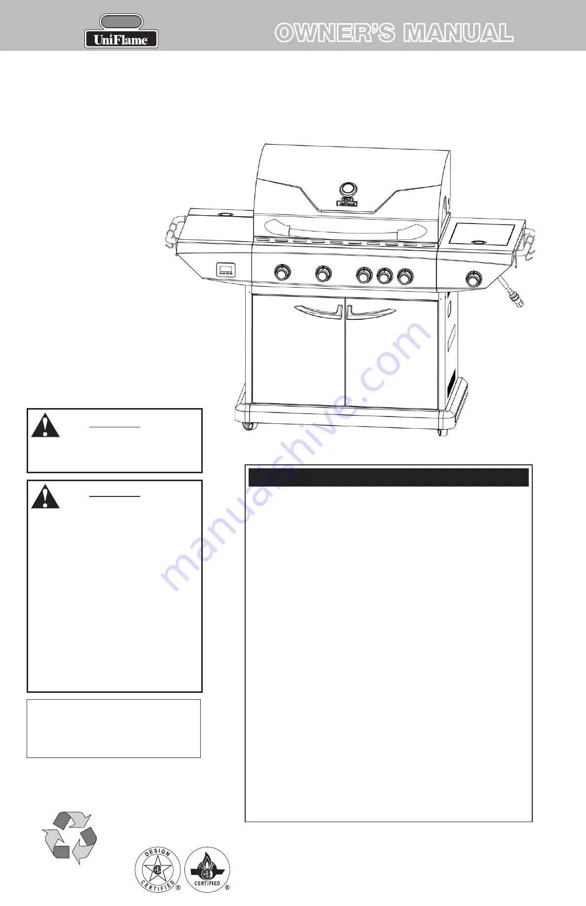 Uniflame Outdoor Natural Gas Barbecue Grill GBC873WNG Скачать руководство пользователя страница 1