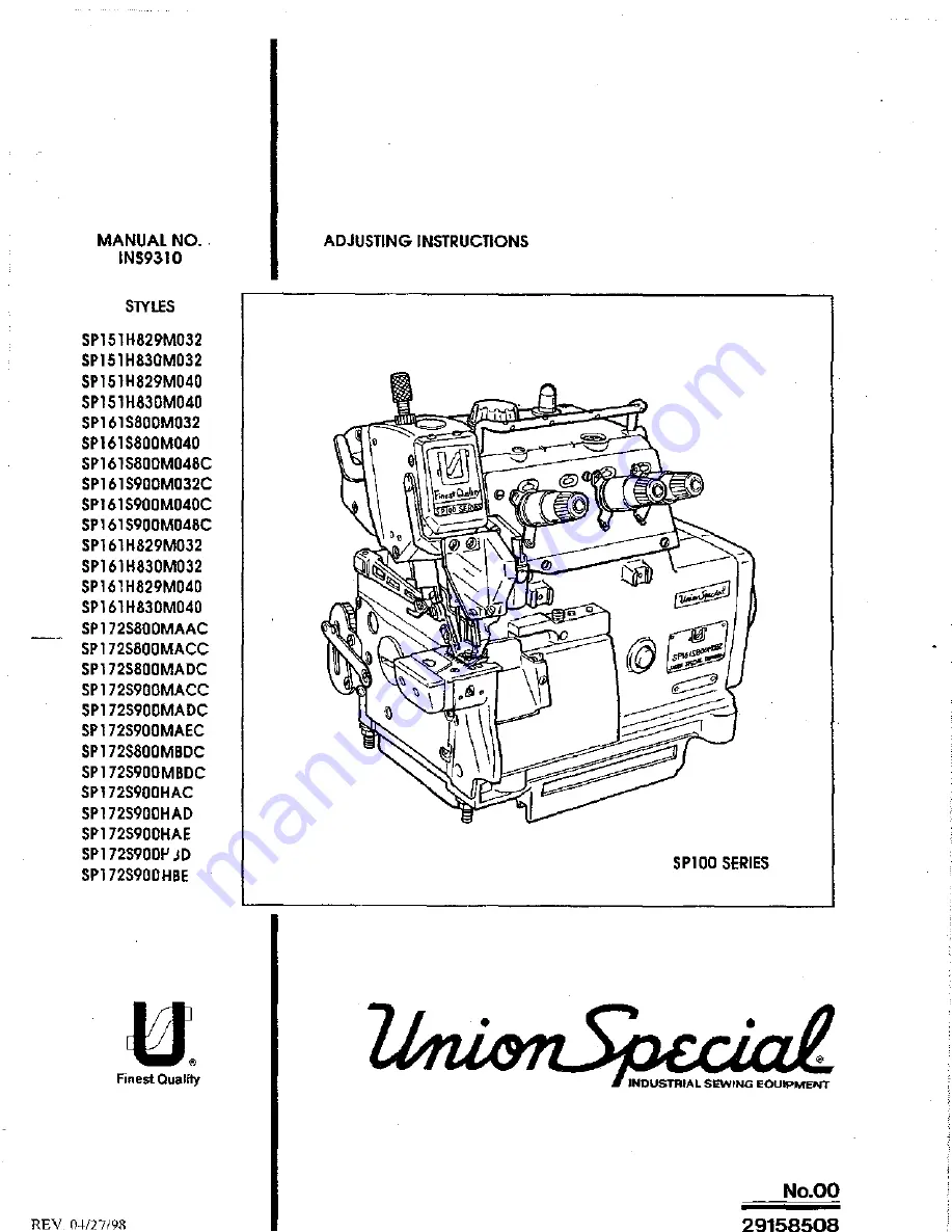 UnionSpecial SP100 Series Adjusting Instructions Download Page 1