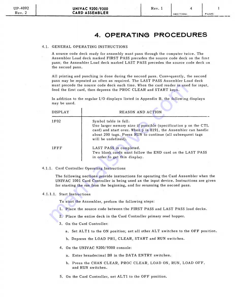 UNIVAC 9200 Programmer'S Reference Manual Download Page 50