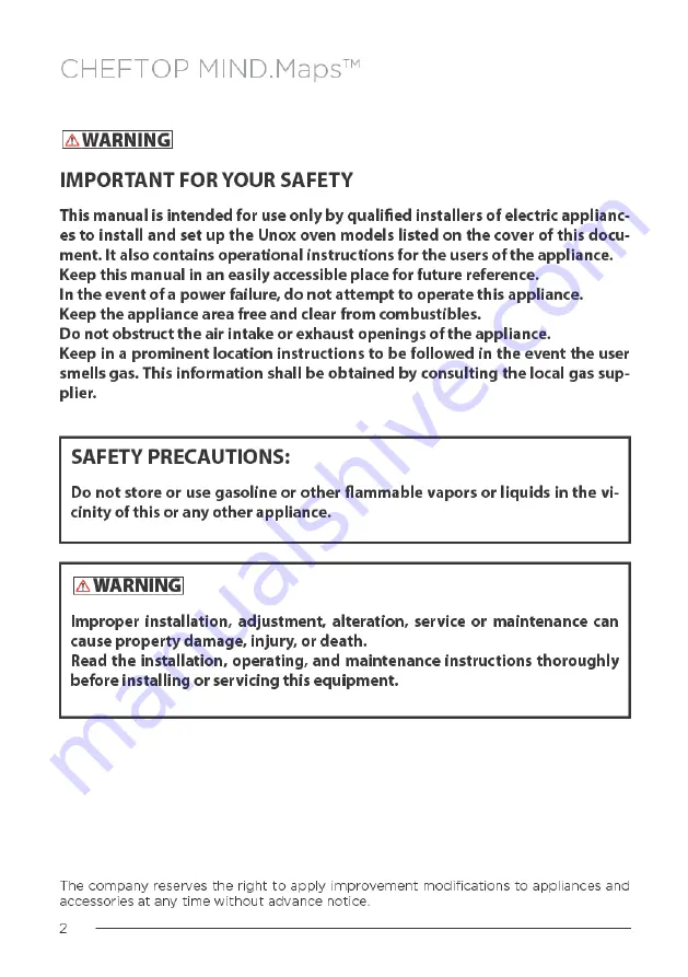 Unox Cheftop Mind.Maps XAVC-0511-EPR Installation, Use And Maintenance Manual Download Page 2