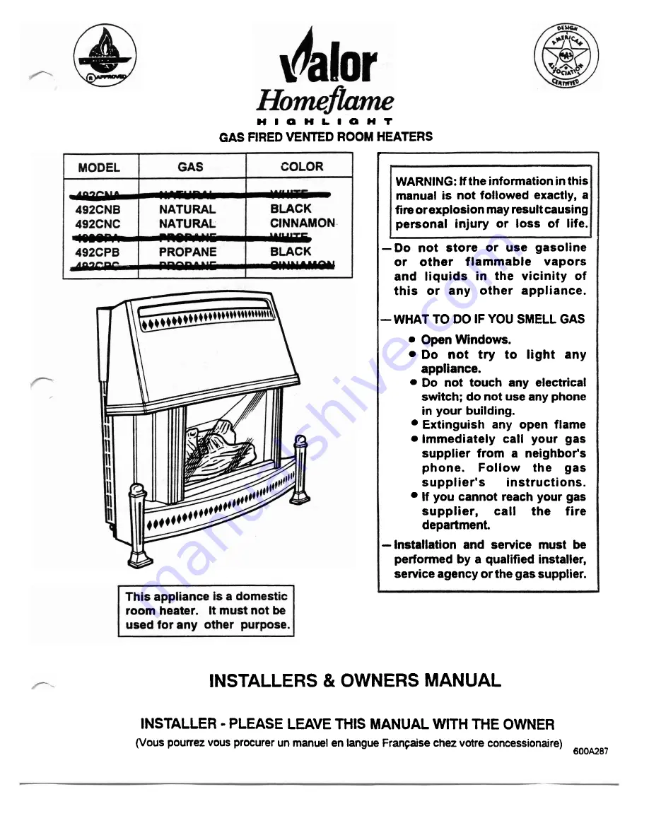 Valor 492CBC Installer'S & Owner'S Manual Download Page 1