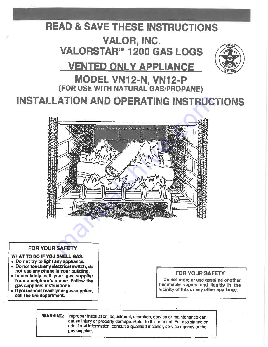 Valor Valorstar VN12-N Installation And Operating Instructions Manual Download Page 1