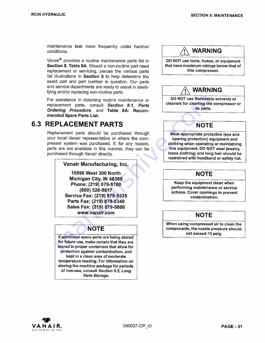 Vanair RC40 Installation, Operating, Maintenance And Parts Manual Download Page 42