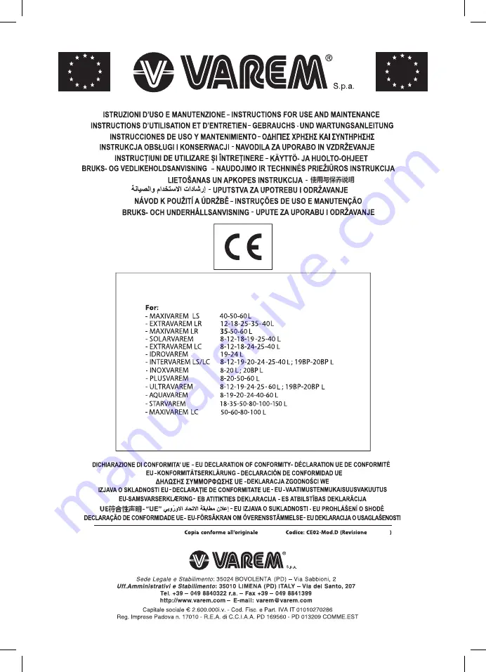 VAREM Maxivarem LS 40L Instructions For Use And Maintanence Download Page 1