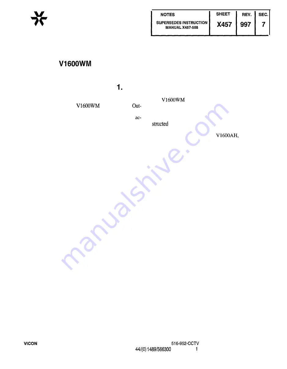 Vicon V1600AH Скачать руководство пользователя страница 1