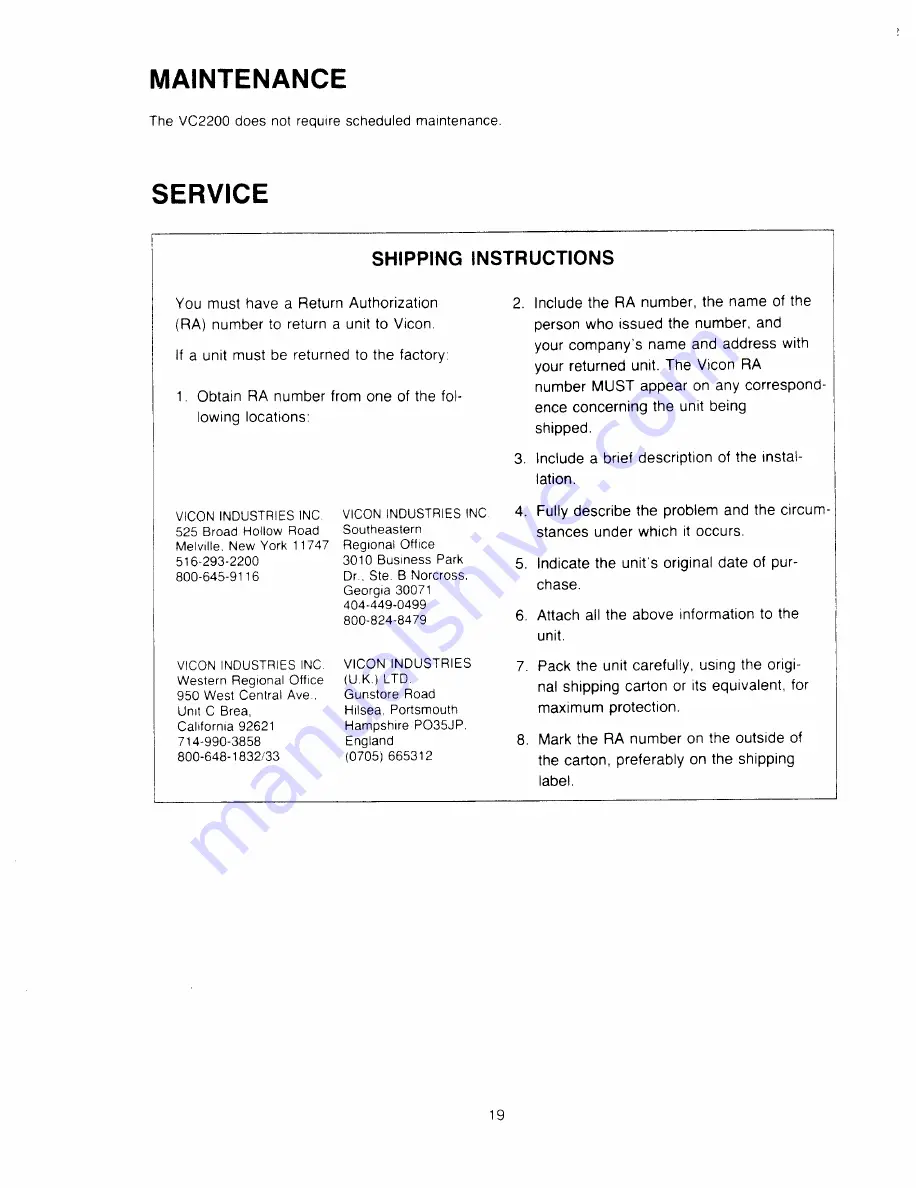 Vicon VC2200-12 Instructions For Installation And Operation Manual Download Page 19