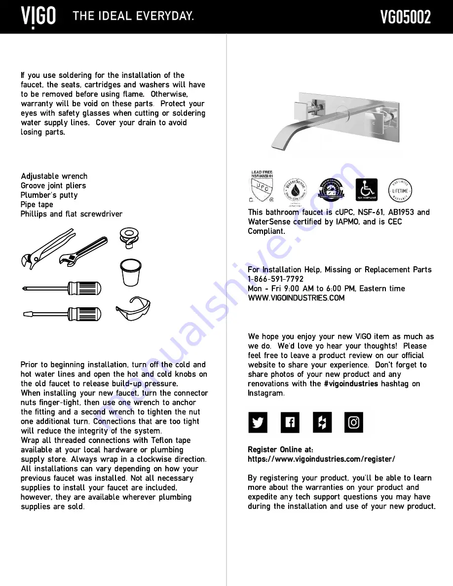 VIGO VG05002 Installation Instructions Manual Download Page 1