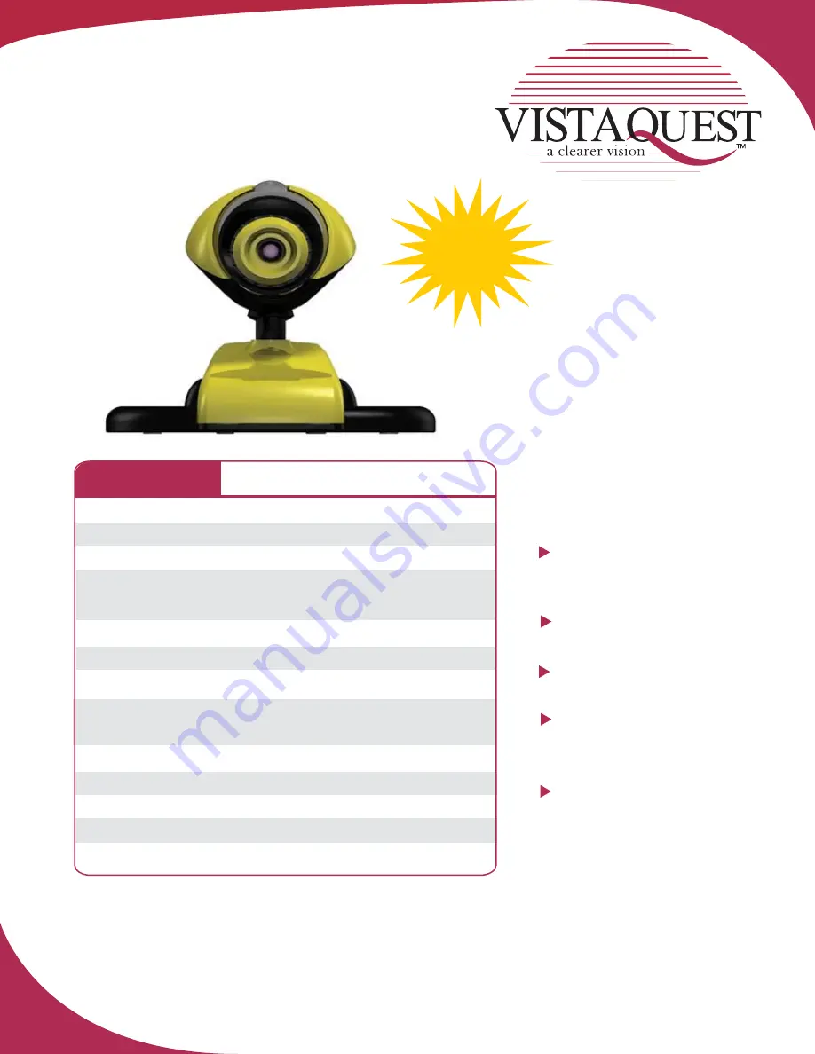 VistaQuest PC Camera PC130 Specification Sheet Download Page 1