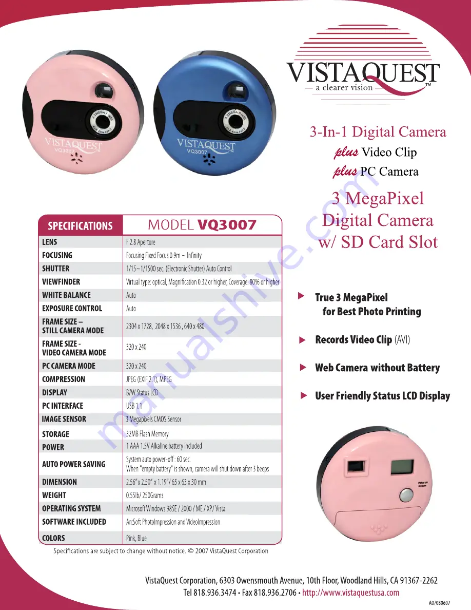 VistaQuest VQ-3007 Specifications Download Page 1