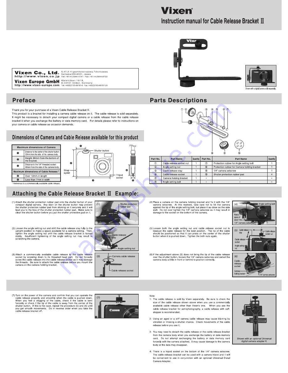 Vixen Cable Release Bracket II Instruction Manual Download Page 2