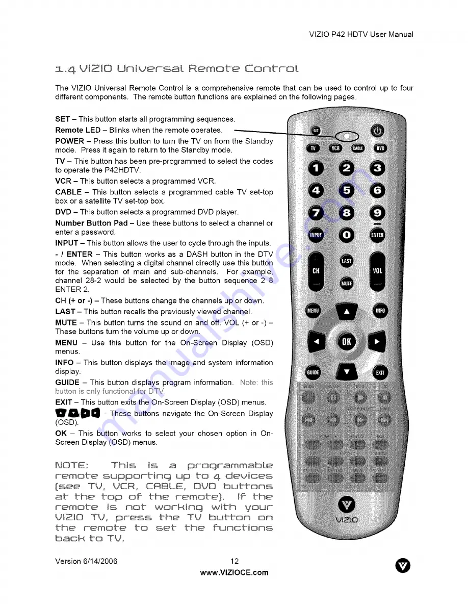 Vizio P42HDTV User Manual Download Page 12