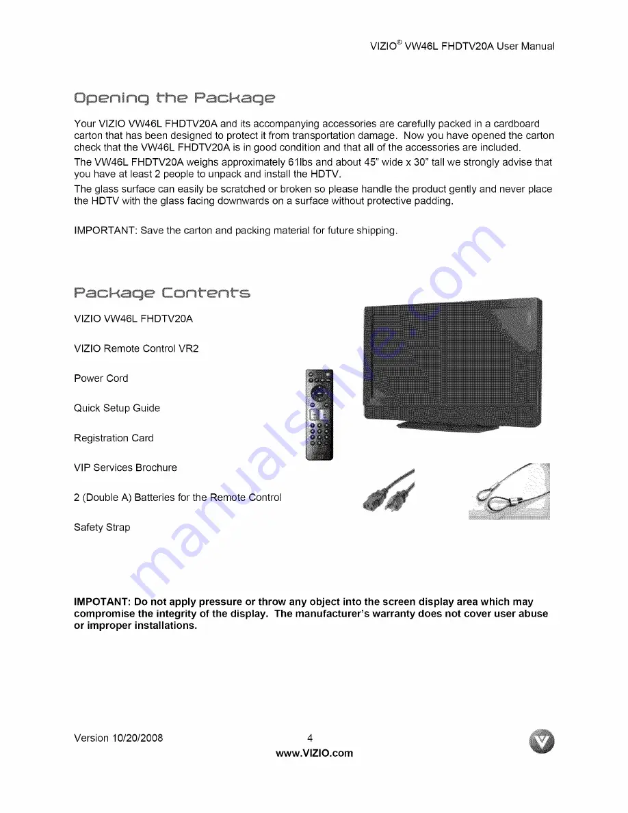 Vizio VW46LFHDTV20A User Manual Download Page 4