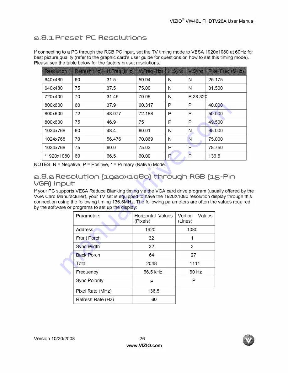 Vizio VW46LFHDTV20A User Manual Download Page 26