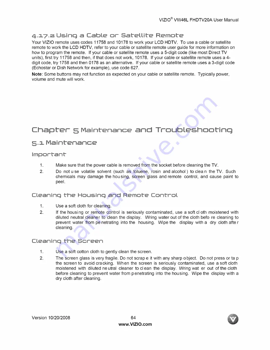 Vizio VW46LFHDTV20A User Manual Download Page 64