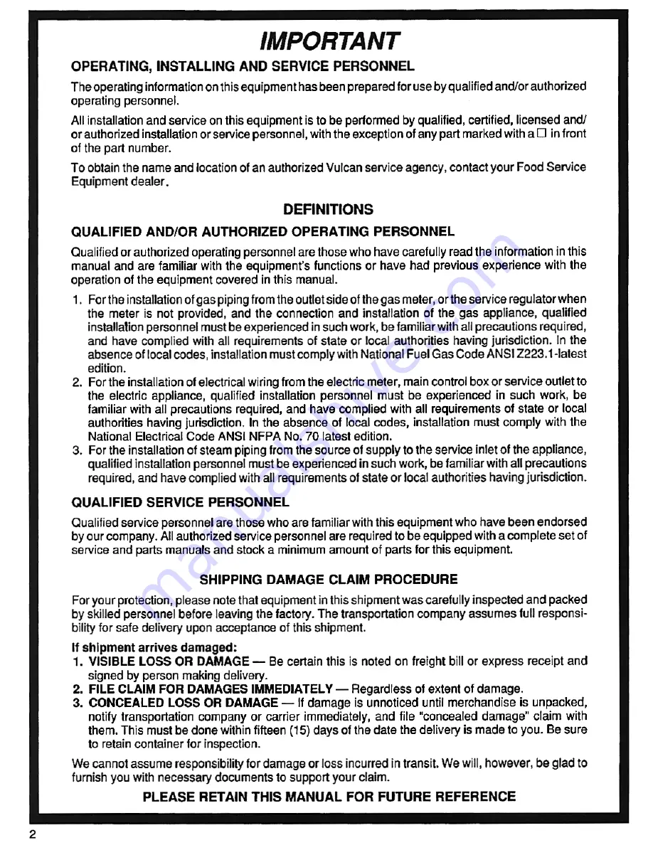 Vulcan-Hart VELT20 Installation, Operating, Service And Parts Manual Download Page 2