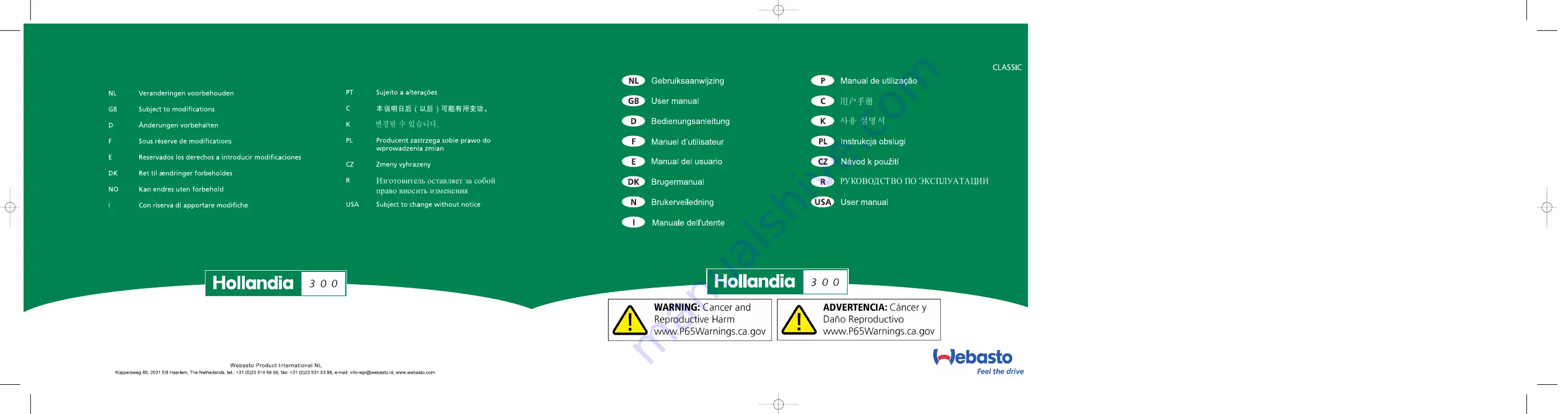 Webasto HOLLANDIA 300 CLASSIC User Manual Download Page 1