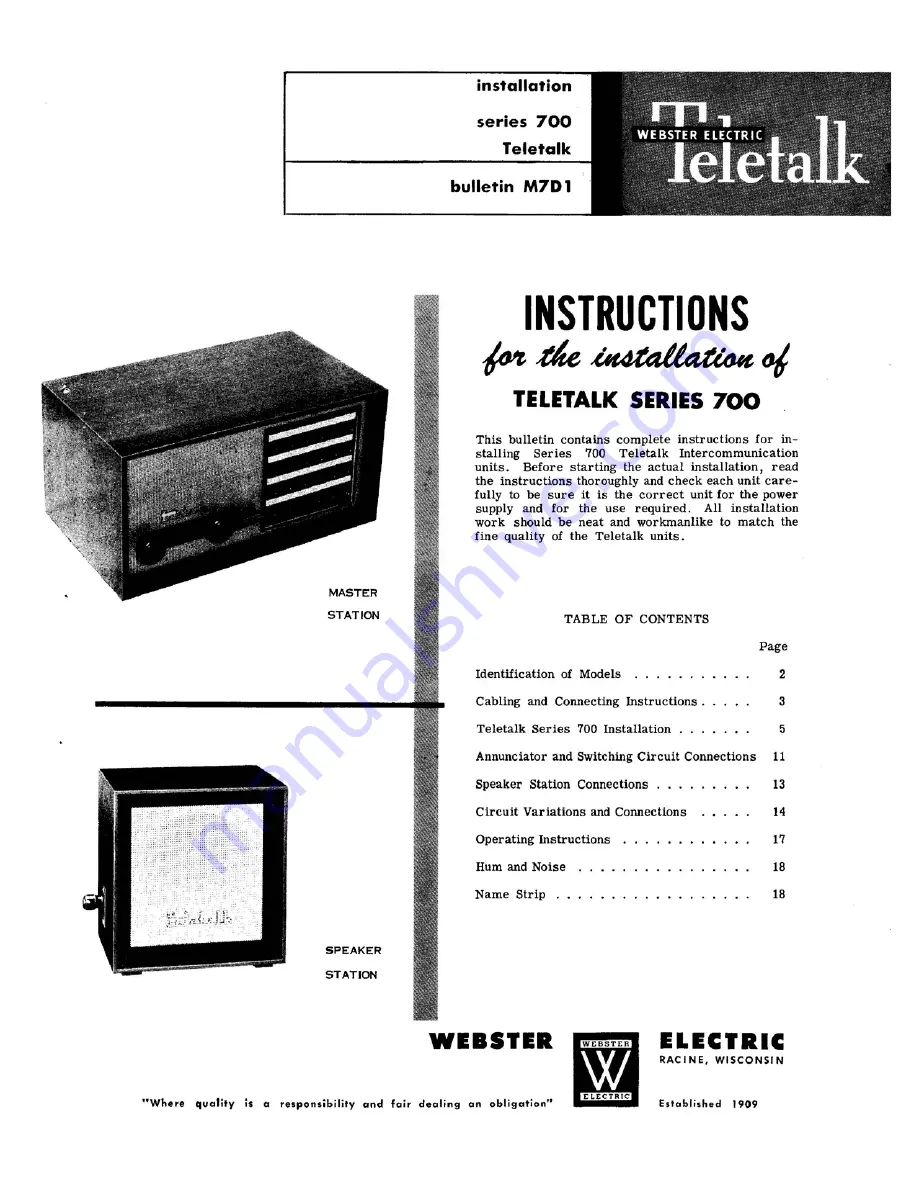 Webster Electric Teletalk 700 Series Скачать руководство пользователя страница 1