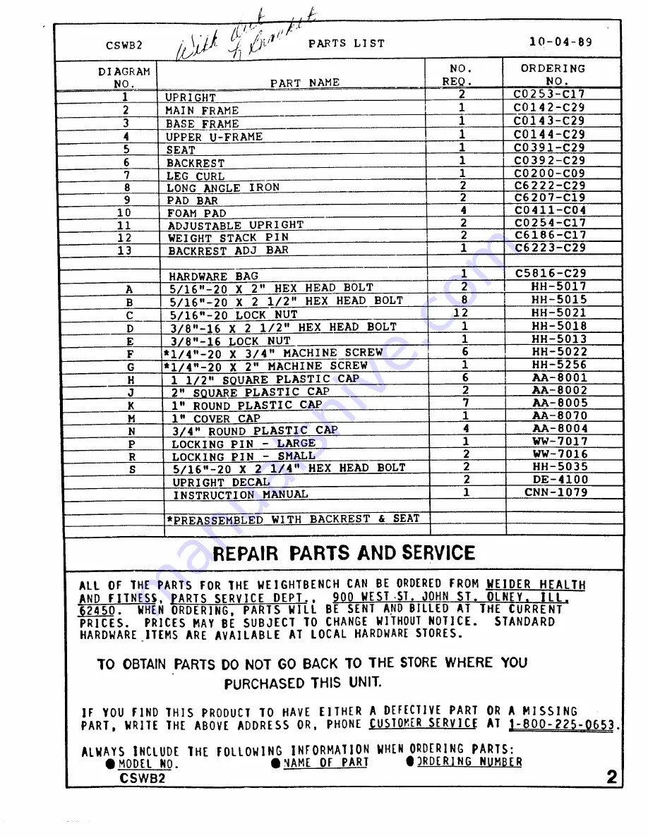 Weider Cswb2 Bench Manual Download Page 3