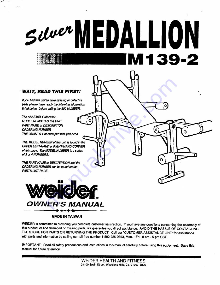 Weider Silver MEDALLION M139-2 Owner'S Manual Download Page 1