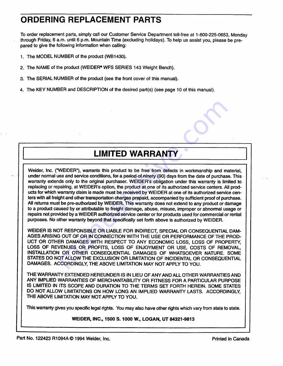 Weider WB1430 Manual Download Page 12