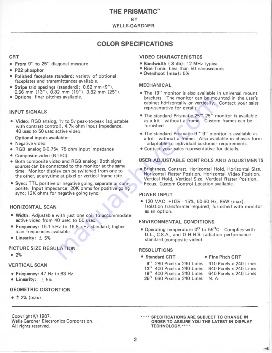 Wells-Gardner The Prismatic K7000 Service Manual Download Page 2