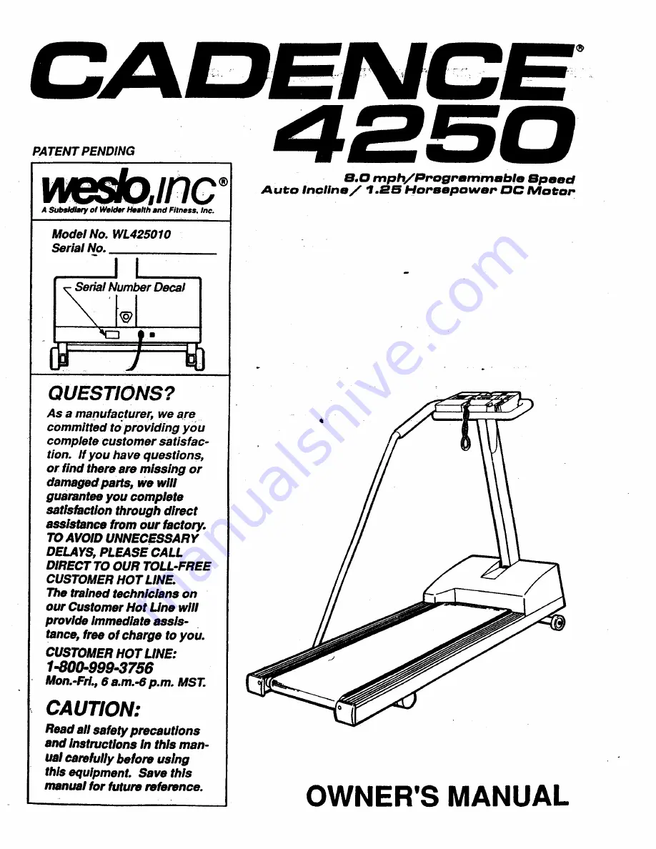 Weslo Cadence 4250 Manual Download Page 1