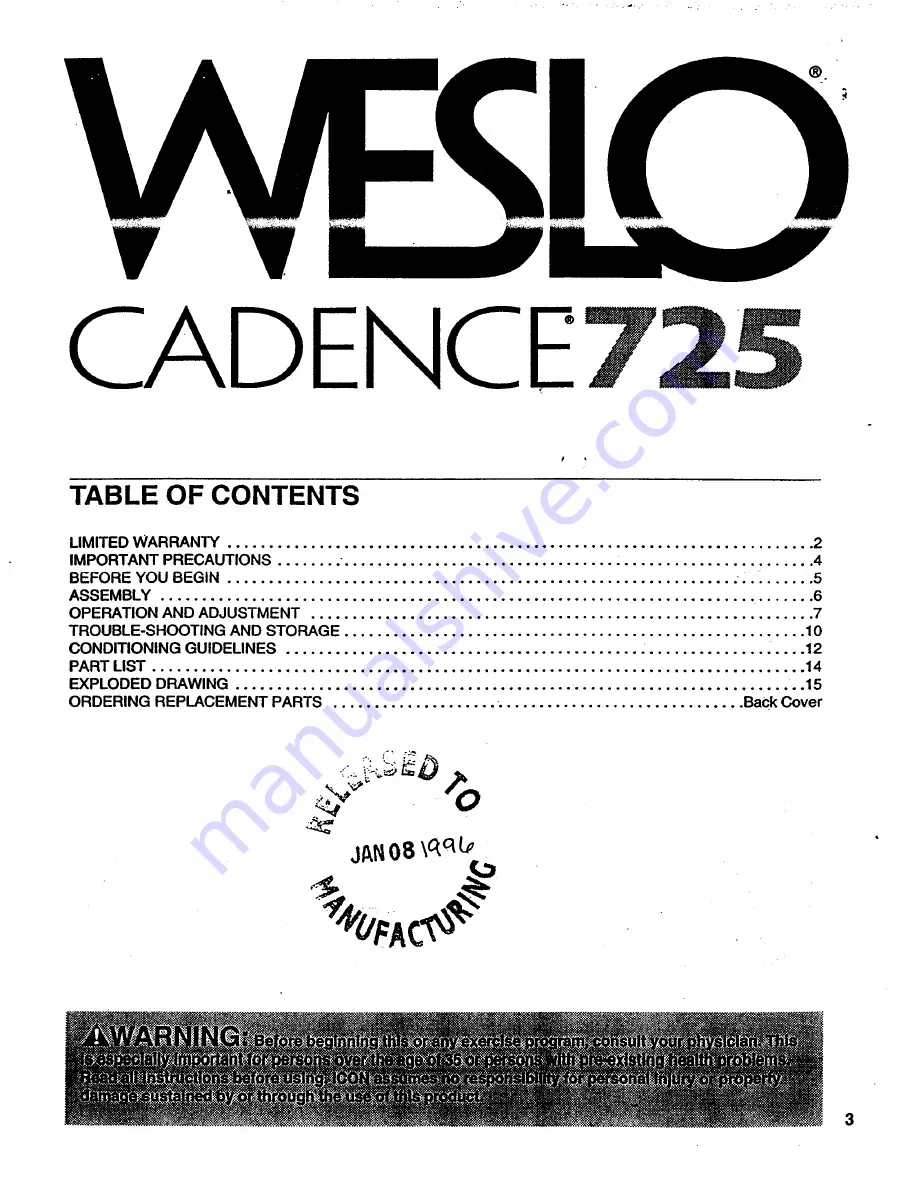 Weslo Cadence 725 Manual Download Page 3