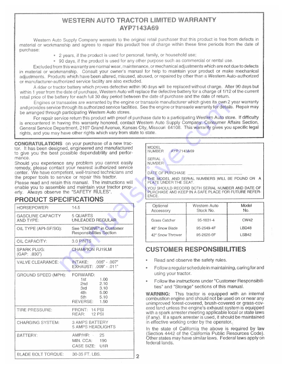 Western Auto AYP7143A69 Wizard Скачать руководство пользователя страница 2