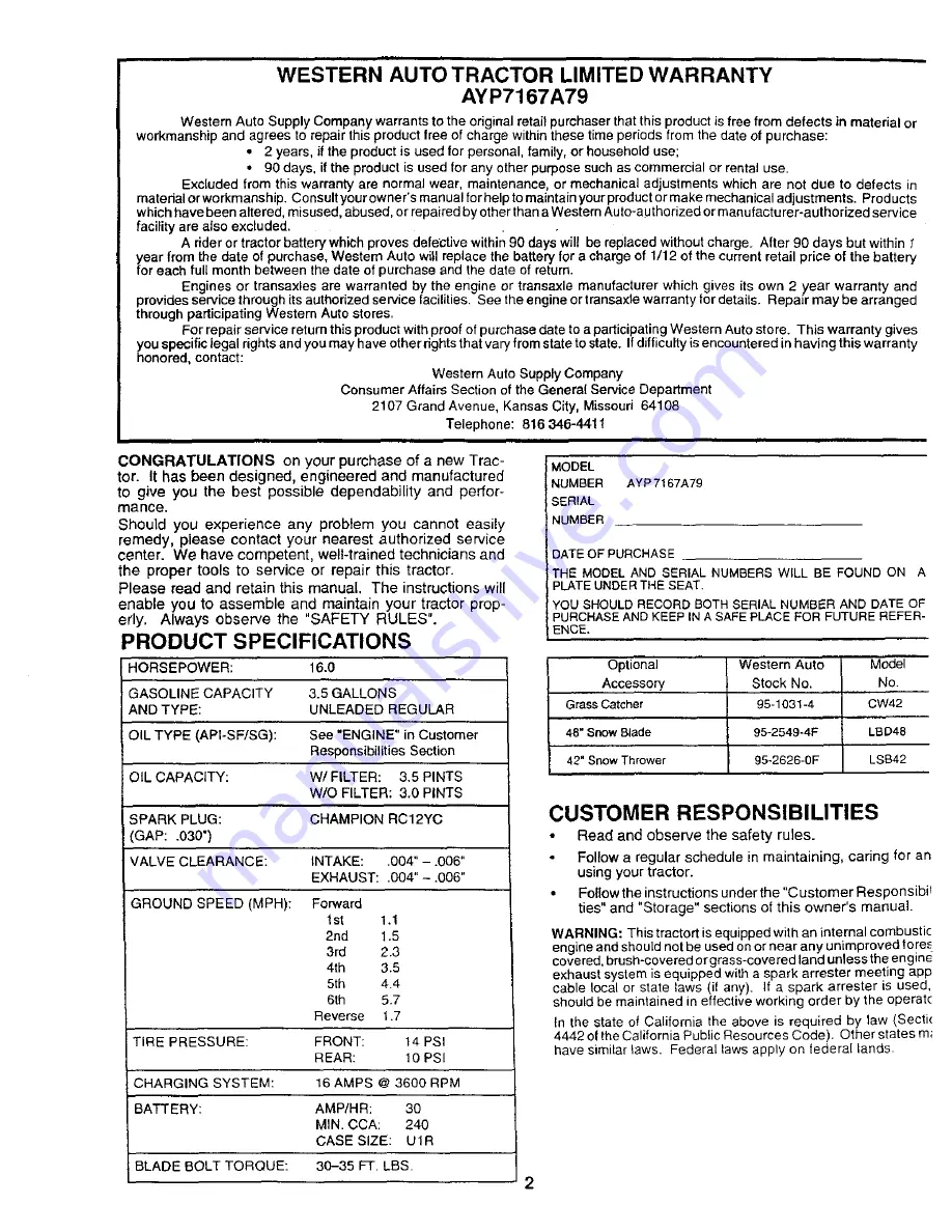 Western Auto AYP7167A79 Operation And Service Instructions Manual Download Page 2